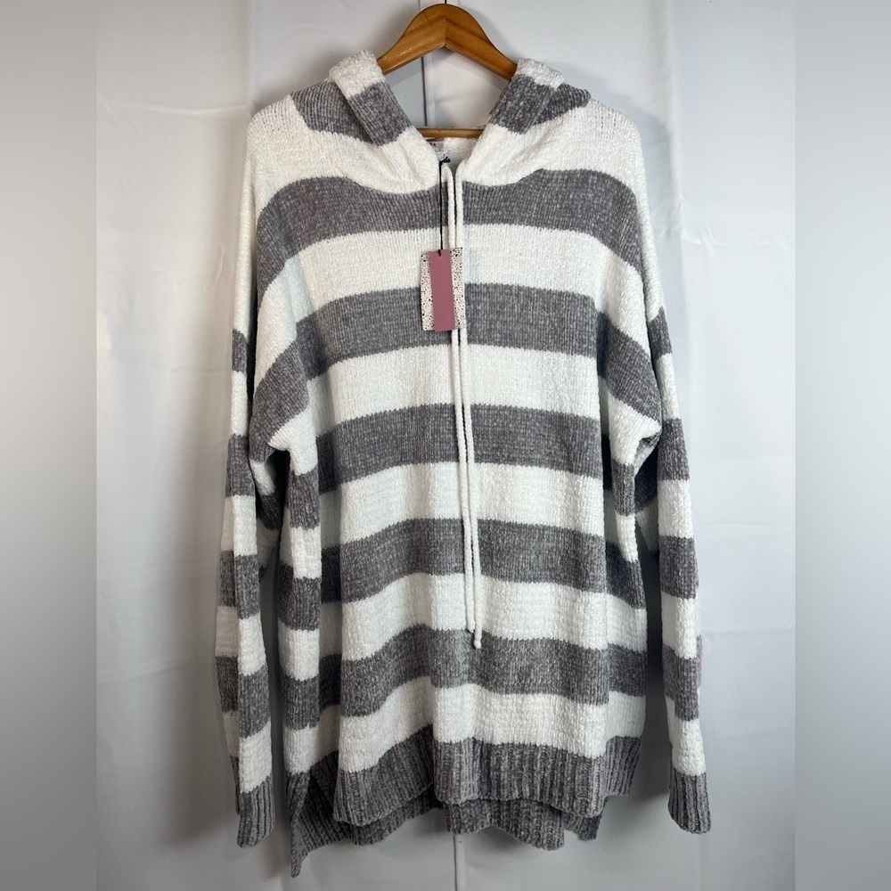 Andre By Unit Womens Knit Soft Hooded Pullover Sweater Beige Striped Size 1X